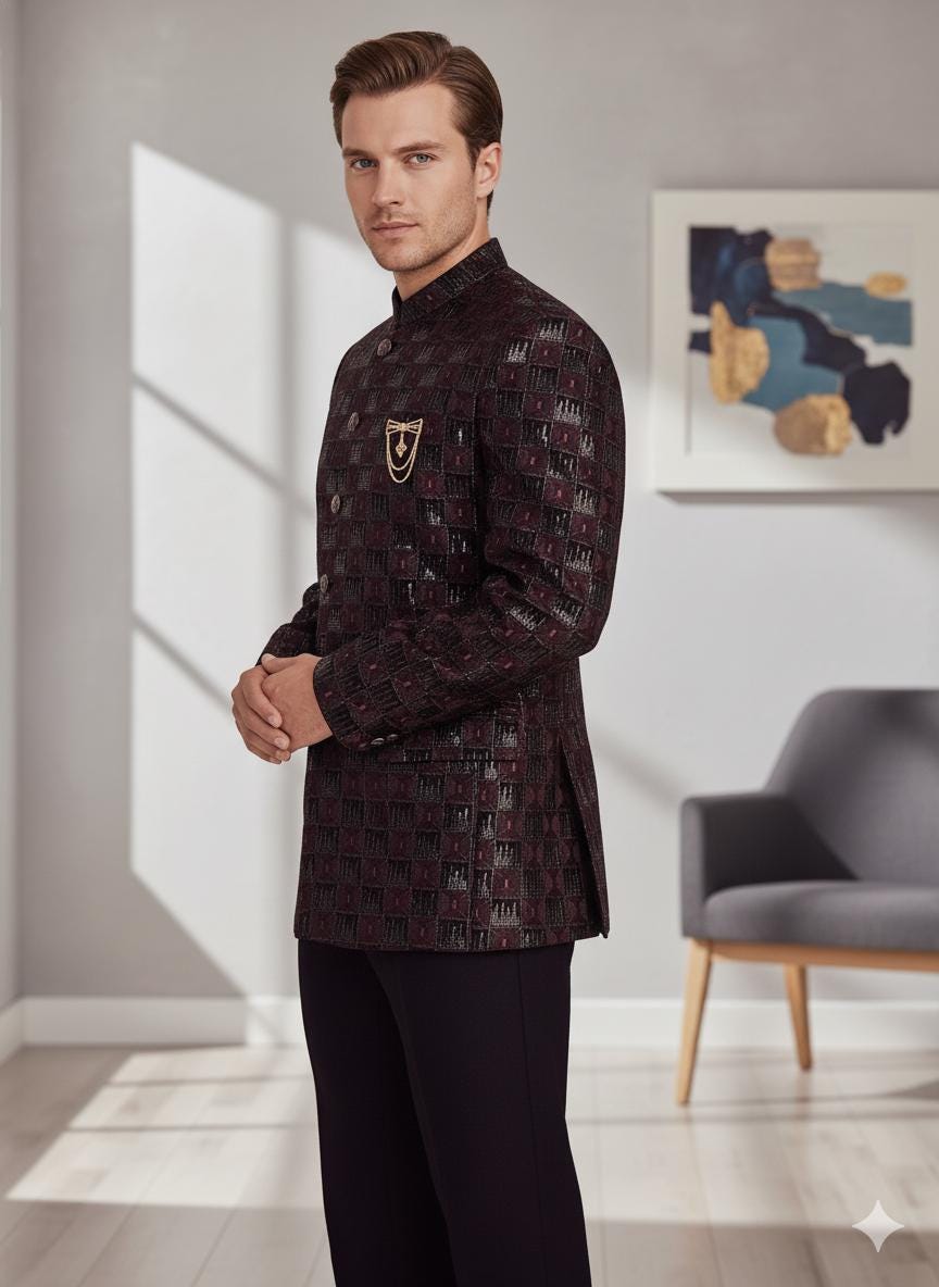 Men’s Jodhpuri Bandhgala Coat | Maroon & Black Jacquard Wedding Jacket | Groom Sherwani Style.