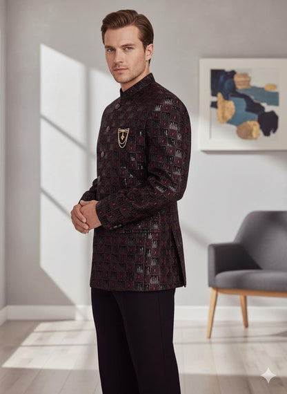 Men’s Jodhpuri Bandhgala Coat | Maroon & Black Jacquard Wedding Jacket | Groom Sherwani Style.