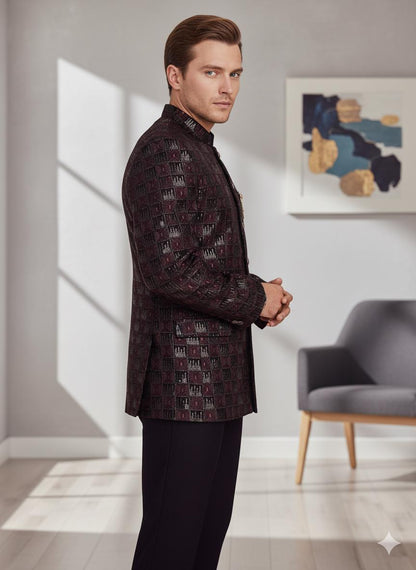 Men’s Jodhpuri Bandhgala Coat | Maroon & Black Jacquard Wedding Jacket | Groom Sherwani Style.