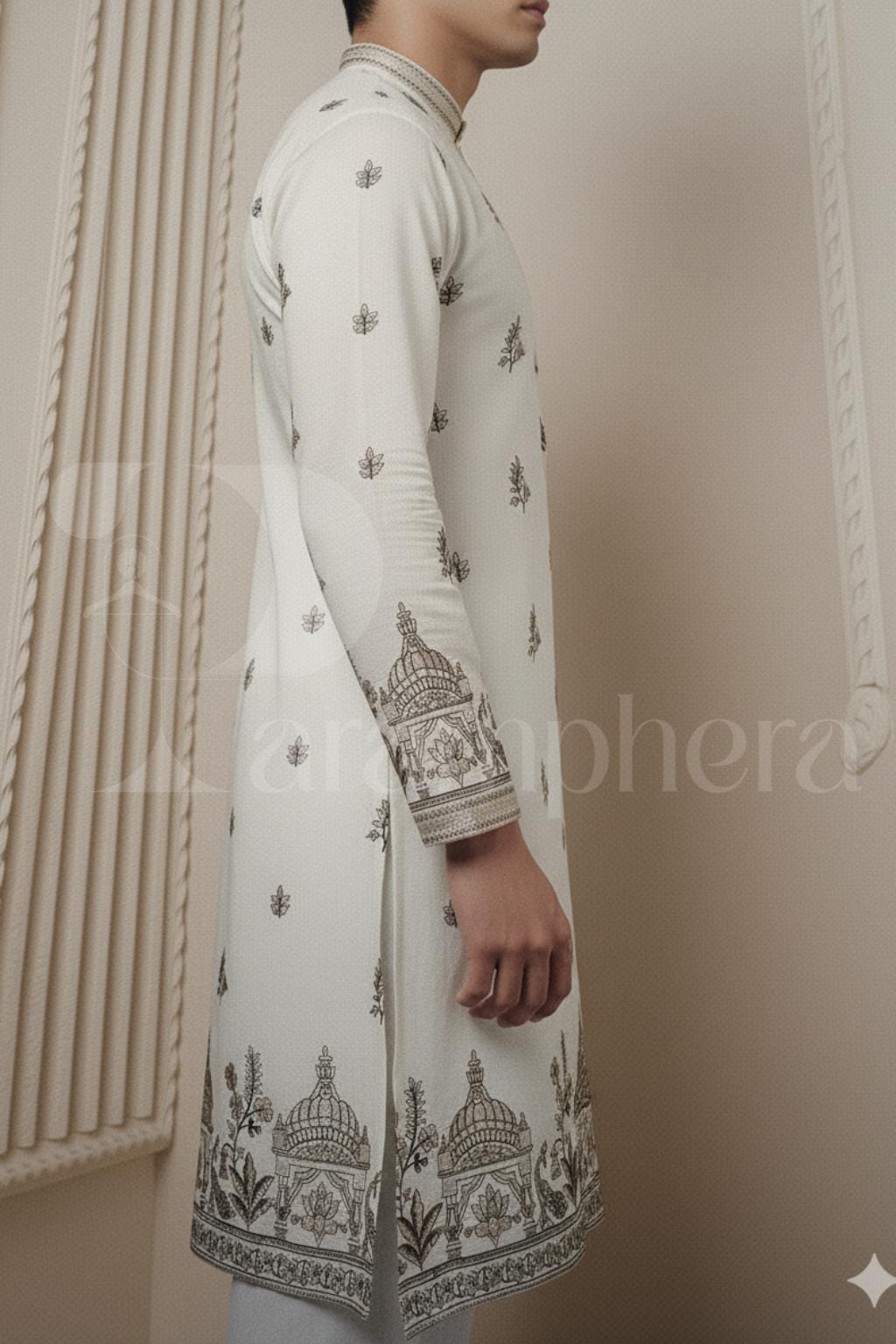 Ivory Embroidered Cotton Kurta: Palace Floral Design, Ethnic Menswear