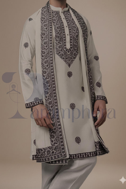 Ivory Embroidered Kurta Set: Elegant Mens Wedding Outfit