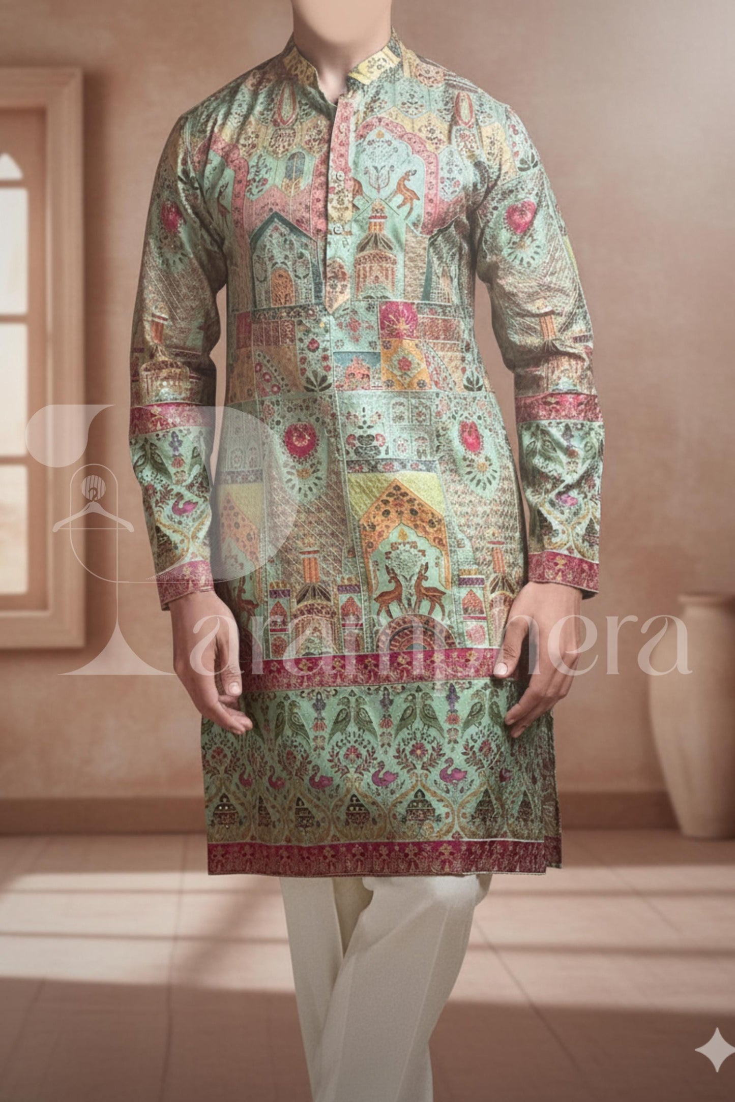 Men's Teal Brocade Kurta  Festive Printed Jacquard Tunic for Wedding & Groom | Indo-Western Sherwani Style