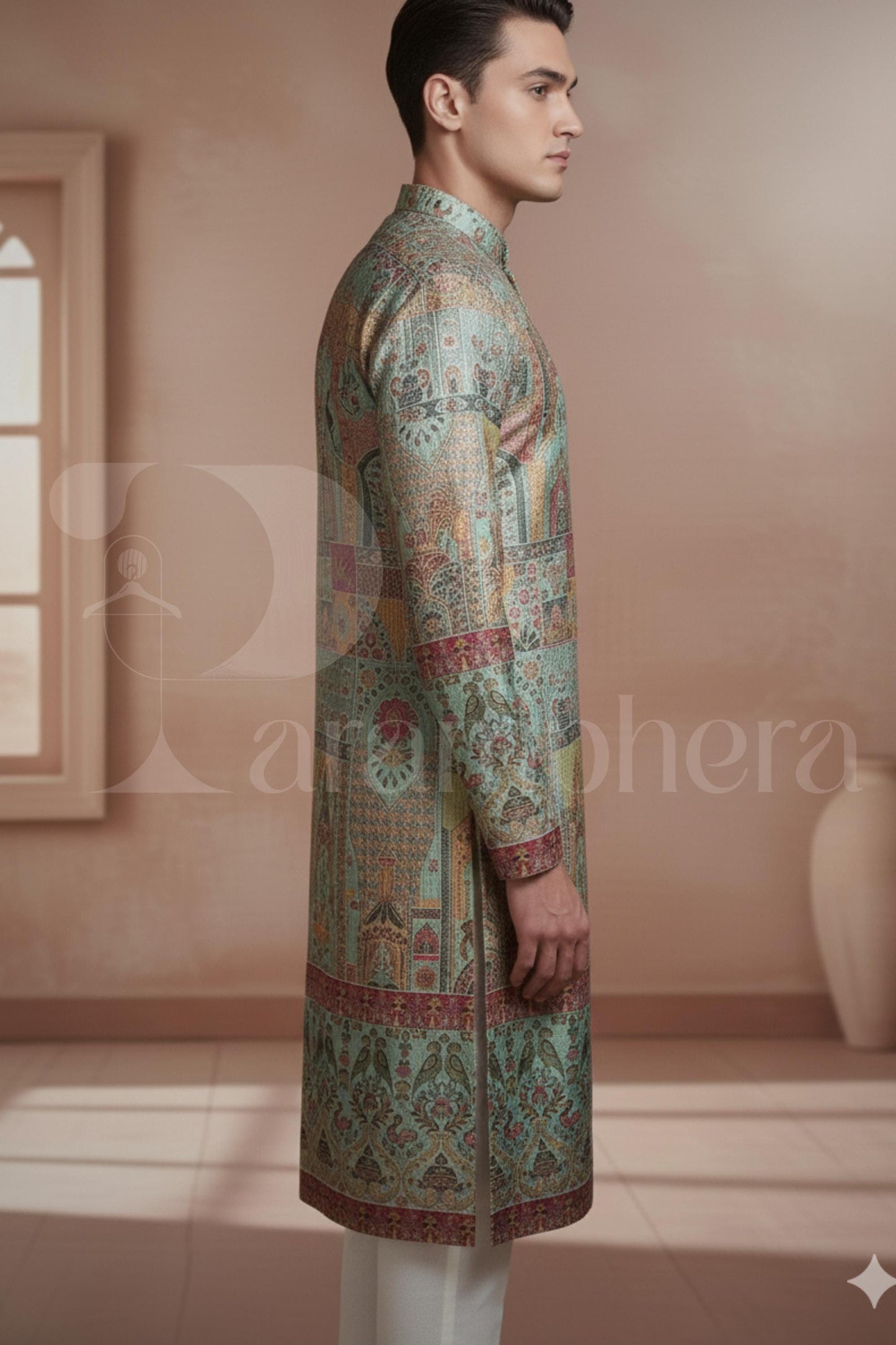 Men's Teal Brocade Kurta  Festive Printed Jacquard Tunic for Wedding & Groom | Indo-Western Sherwani Style