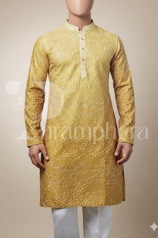 Men's Mustard Yellow Kurta  Festive Embroidered Tunic for Groom & Wedding Guest | Indo-Western Ethnic Wear