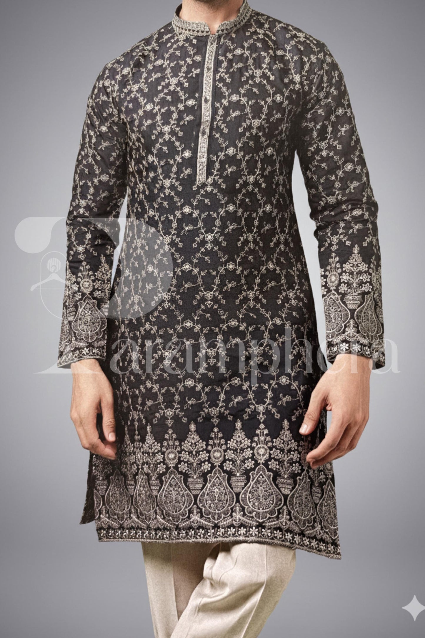 Black Embroidered Kurta Pajama Set: Indian Wedding Outfit