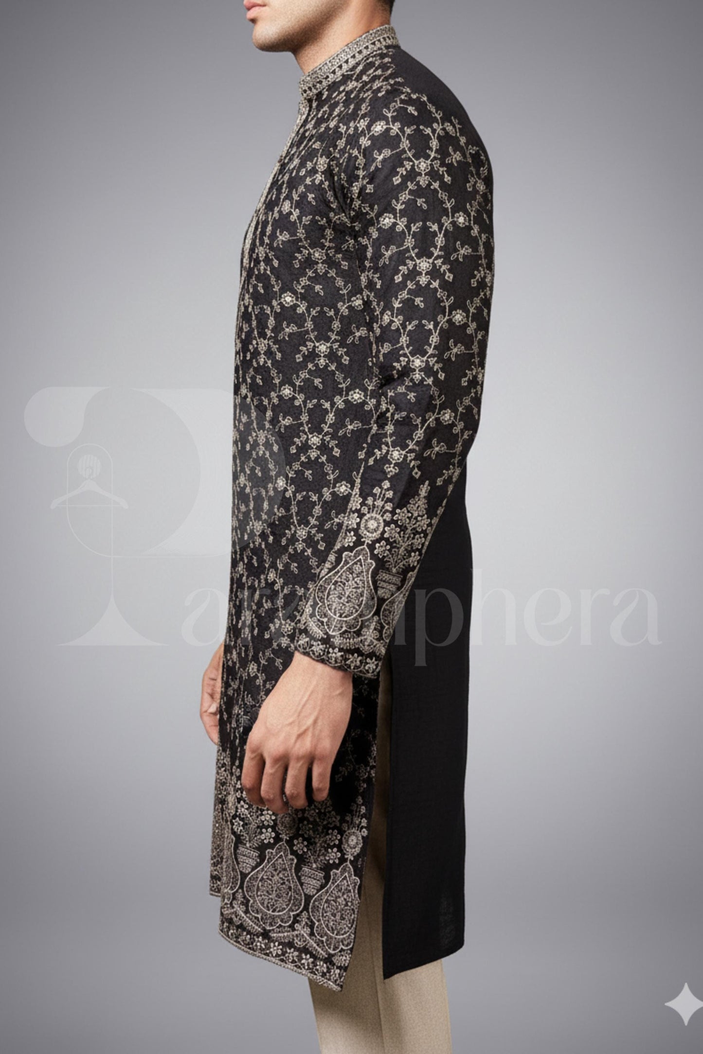 Black Embroidered Kurta Pajama Set: Indian Wedding Outfit