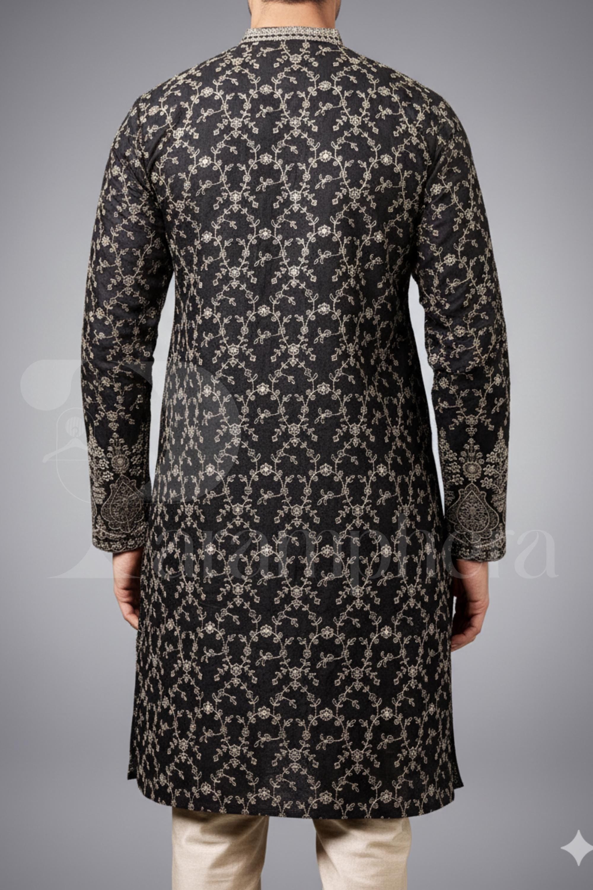 Black Embroidered Kurta Pajama Set: Indian Wedding Outfit