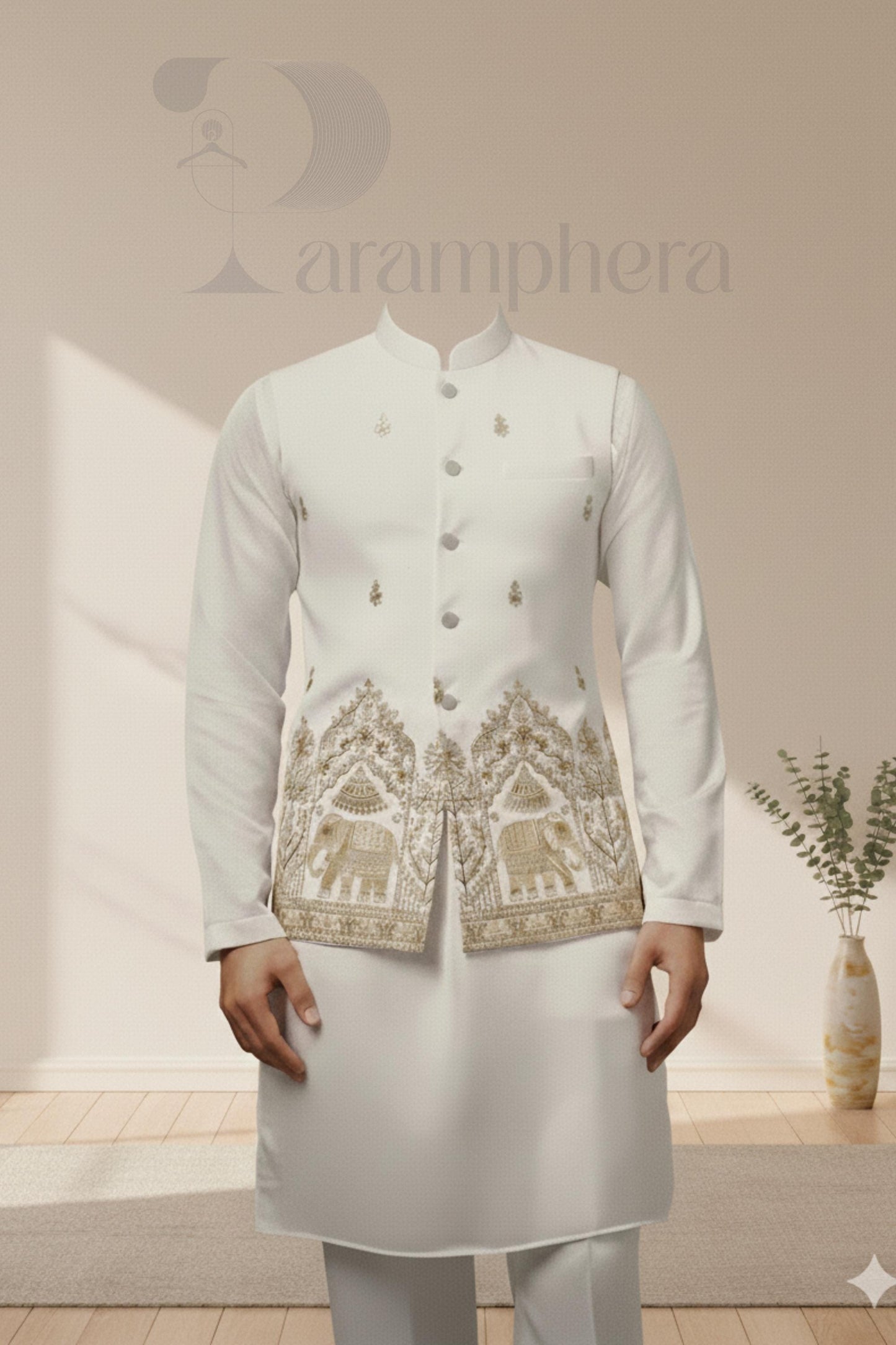 Embroidered Ivory Nehru Jacket Kurta Set: Men's Wedding Outfit