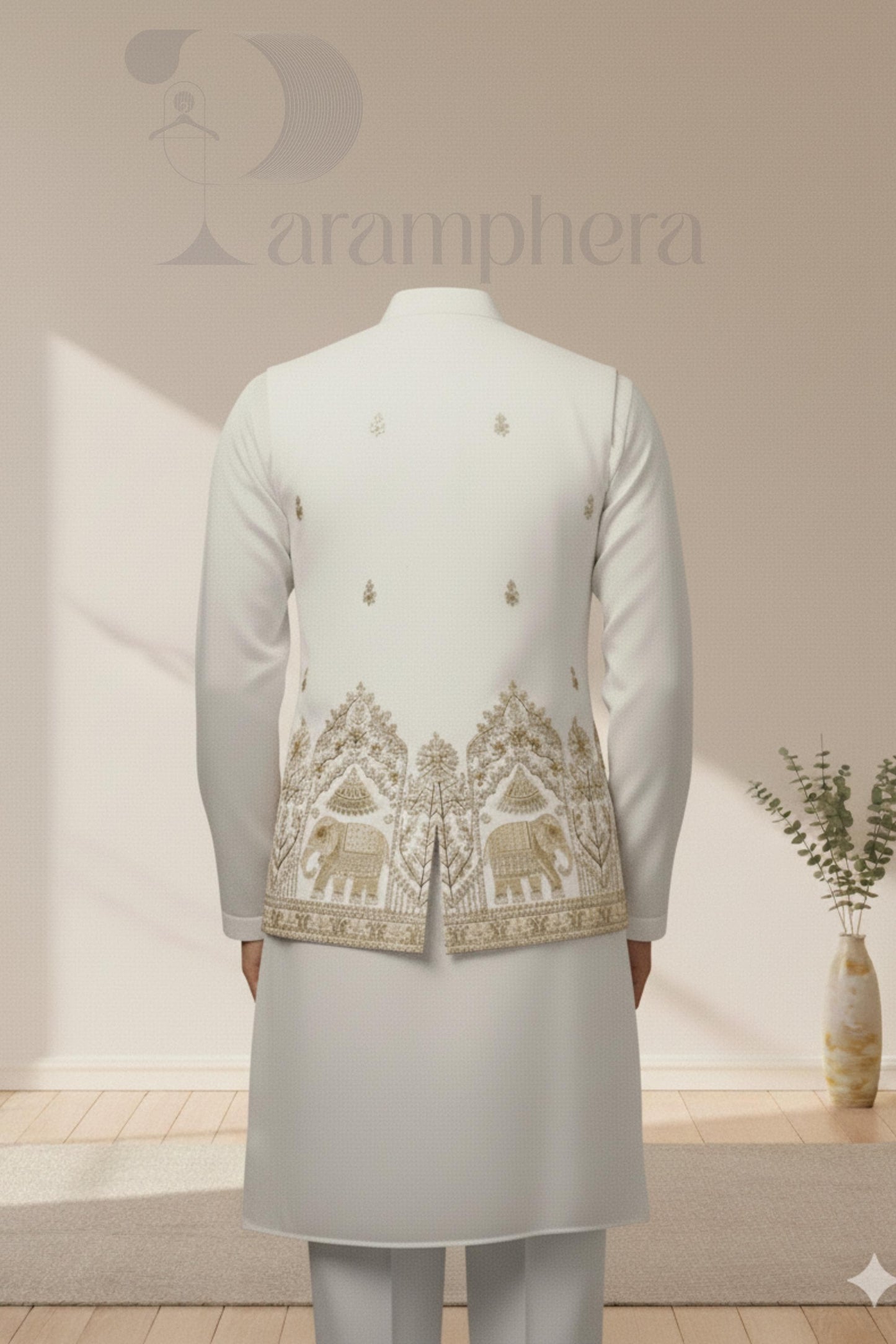 Embroidered Ivory Nehru Jacket Kurta Set: Men's Wedding Outfit