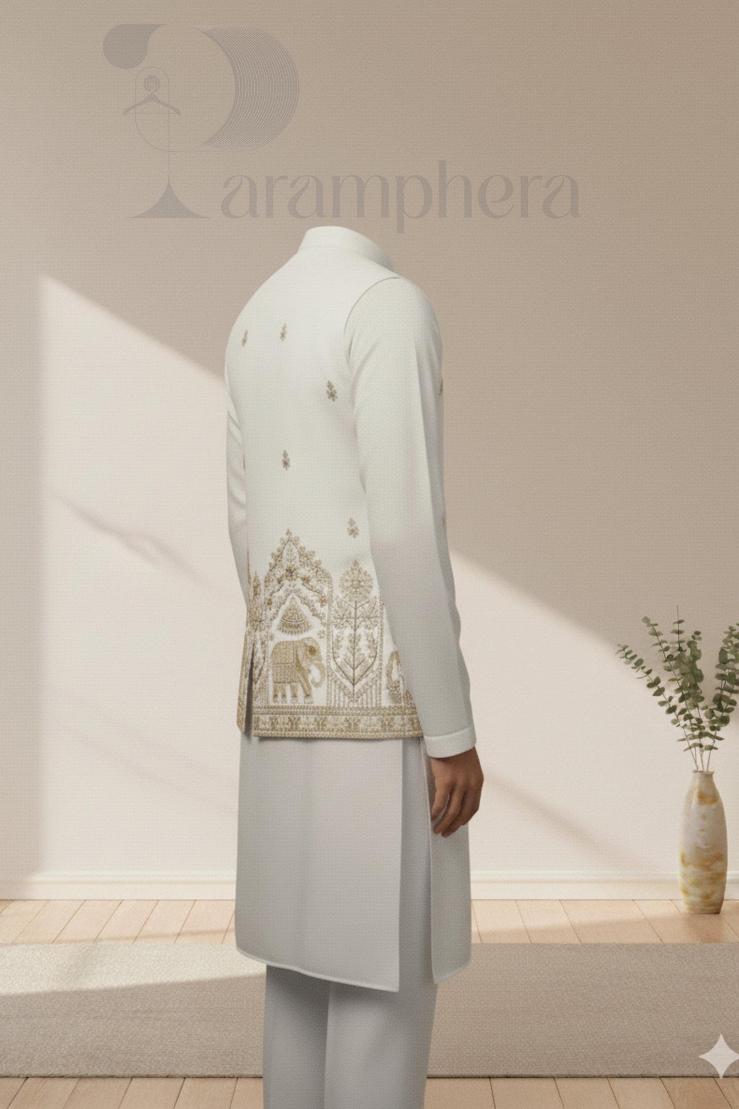 Embroidered Ivory Nehru Jacket Kurta Set: Men's Wedding Outfit
