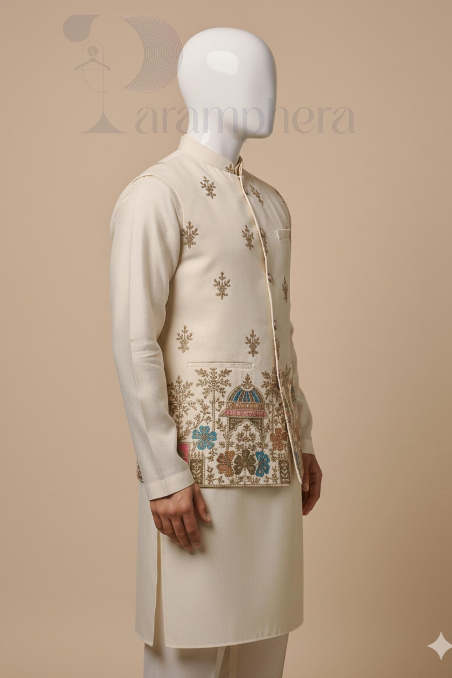 Ivory Embroidered Nehru Jacket  Mens Groom Wedding Jacket, Destination & Formal Ethnic Wear