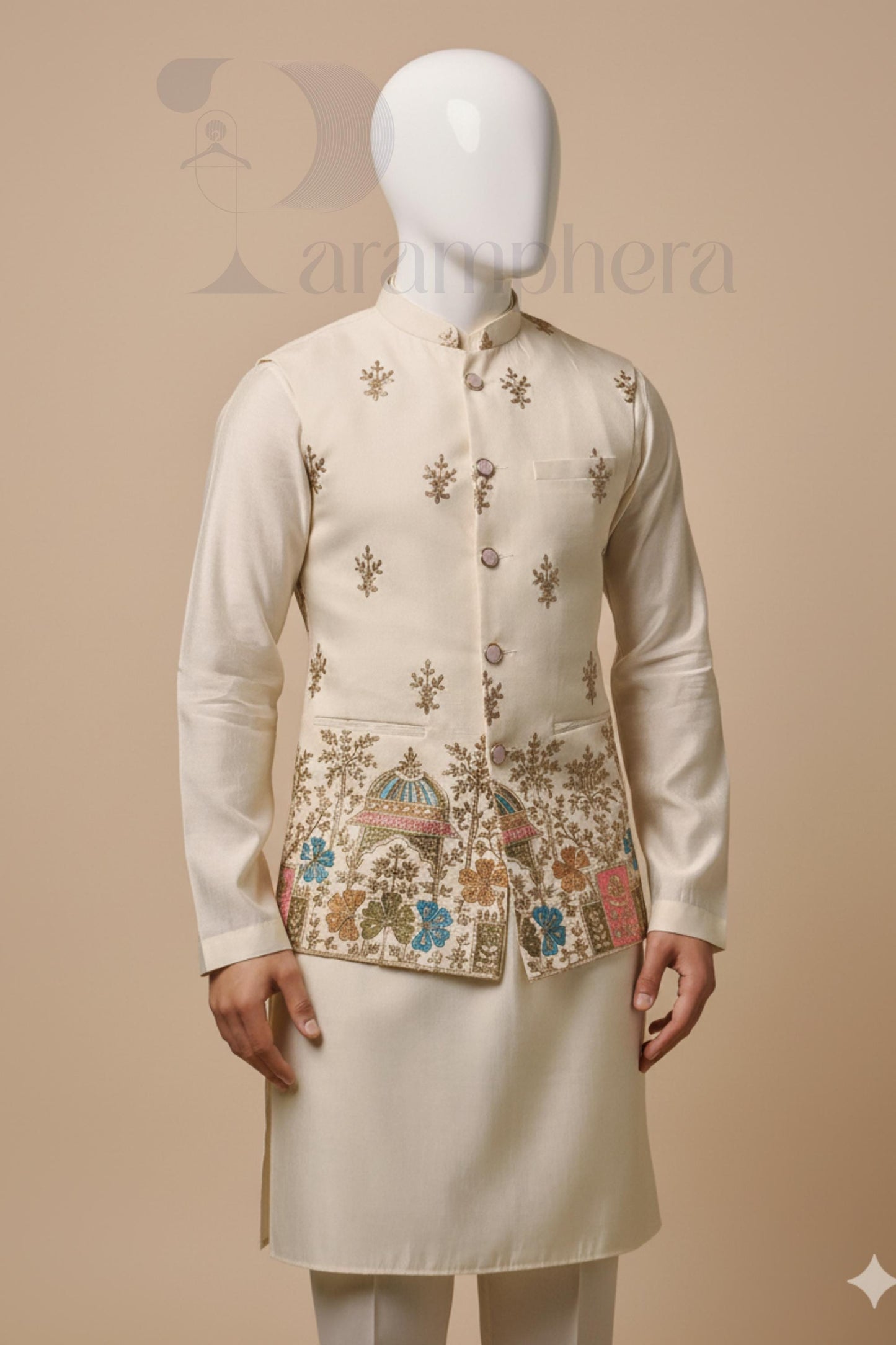 Ivory Embroidered Nehru Jacket  Mens Groom Wedding Jacket, Destination & Formal Ethnic Wear