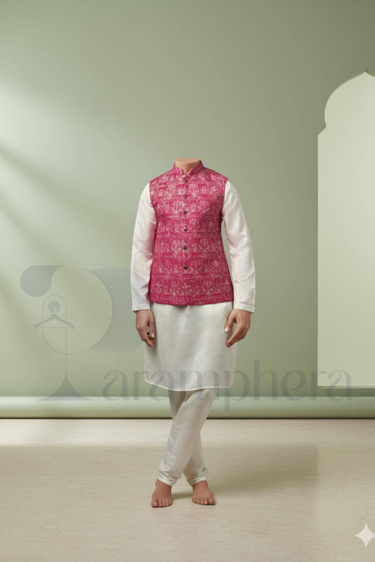 Pink Embroidered Nehru Waistcoat  Men's Ethnic Vest for Weddings, Parties & Formal Events