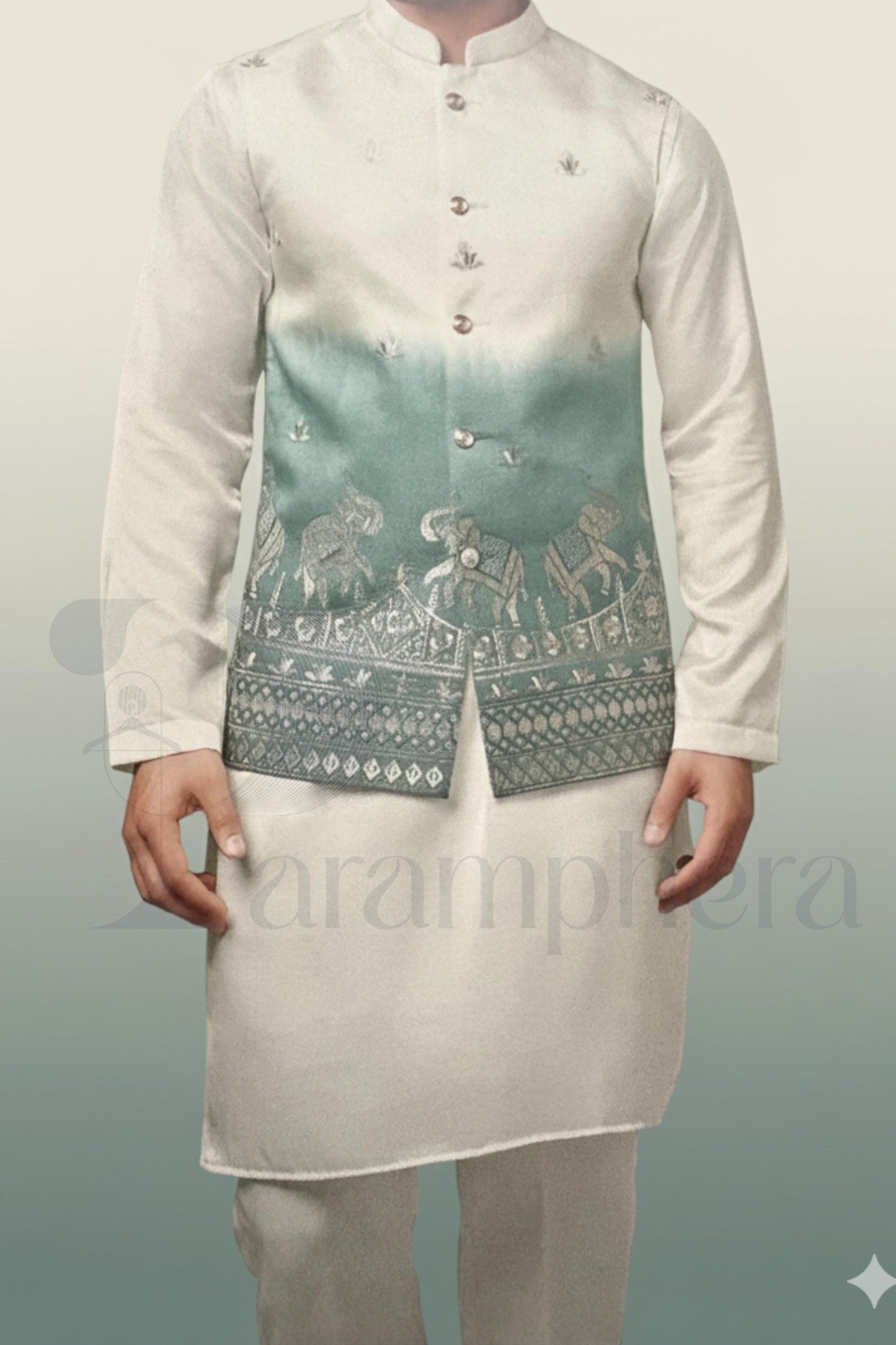 Mens Kurta Pajama Set: Green Embroidered Nehru Jacket, Indian Wedding Outfit