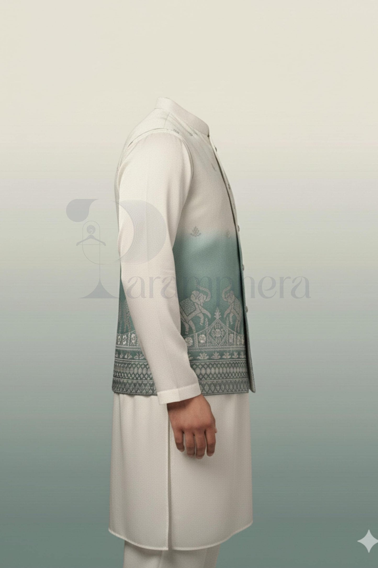 Mens Kurta Pajama Set: Green Embroidered Nehru Jacket, Indian Wedding Outfit