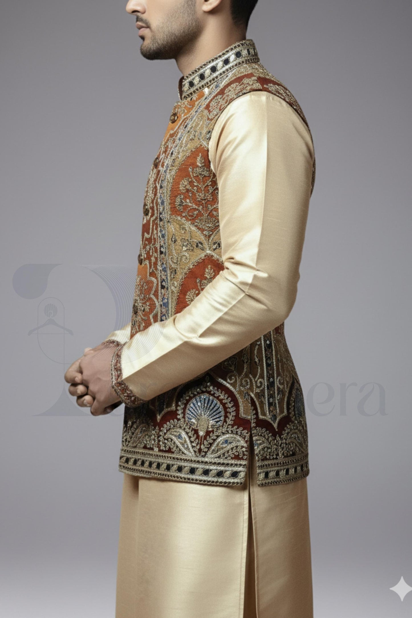 Embroidered Nehru Jacket with Gold Kurta Pajama: Indian Wedding Outfit