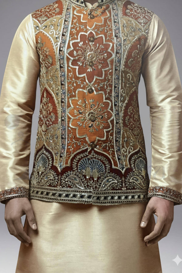 Embroidered Nehru Jacket with Gold Kurta Pajama: Indian Wedding Outfit