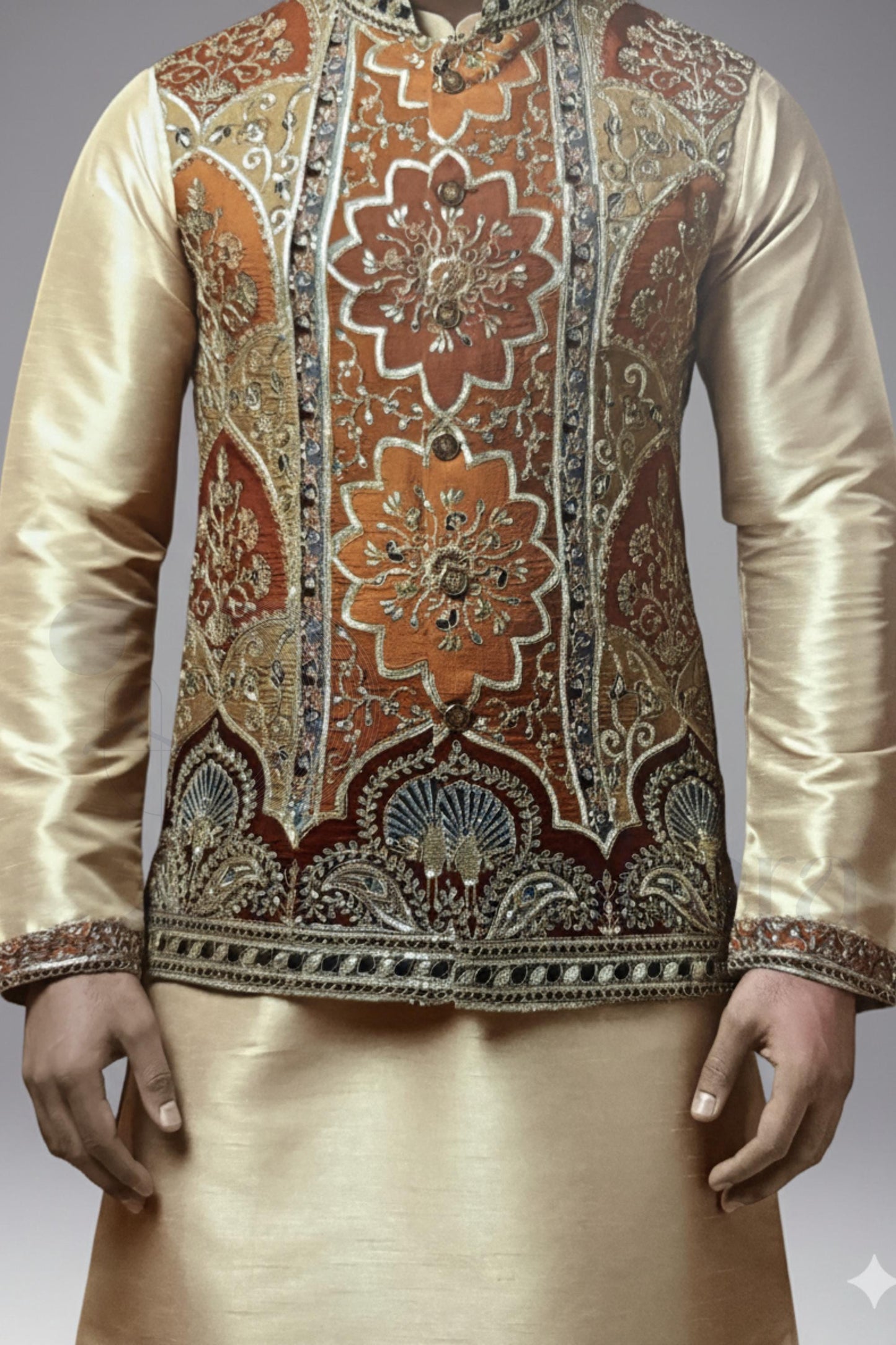 Embroidered Nehru Jacket with Gold Kurta Pajama: Indian Wedding Outfit