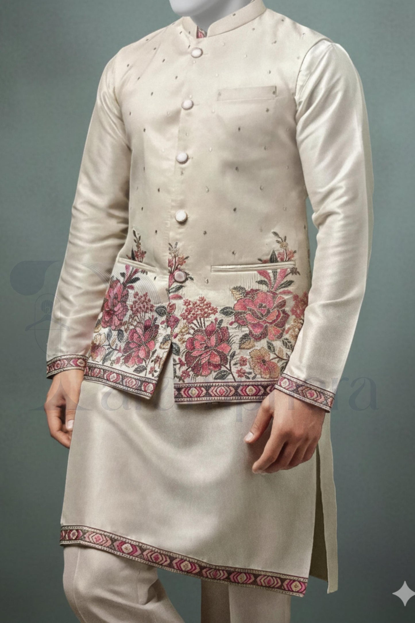 Ivory Embroidered Nehru Jacket Kurta Set - Silk Blend Groom Outfit