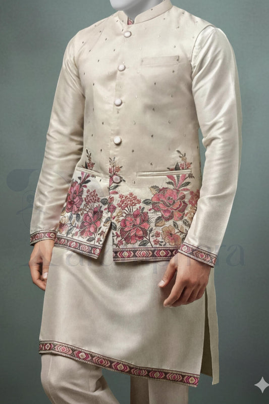 Ivory Embroidered Nehru Jacket Kurta Set - Silk Blend Groom Outfit