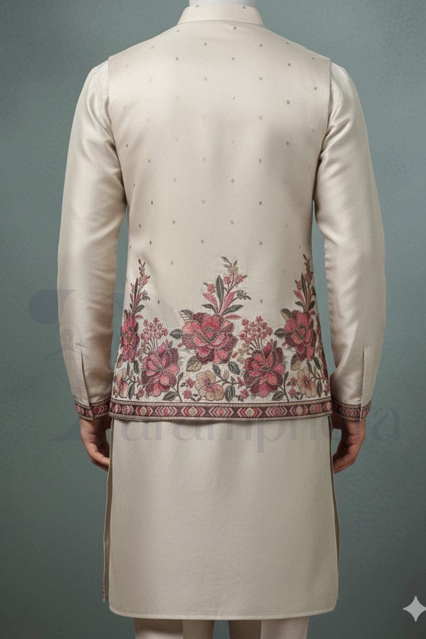 Ivory Embroidered Nehru Jacket Kurta Set - Silk Blend Groom Outfit