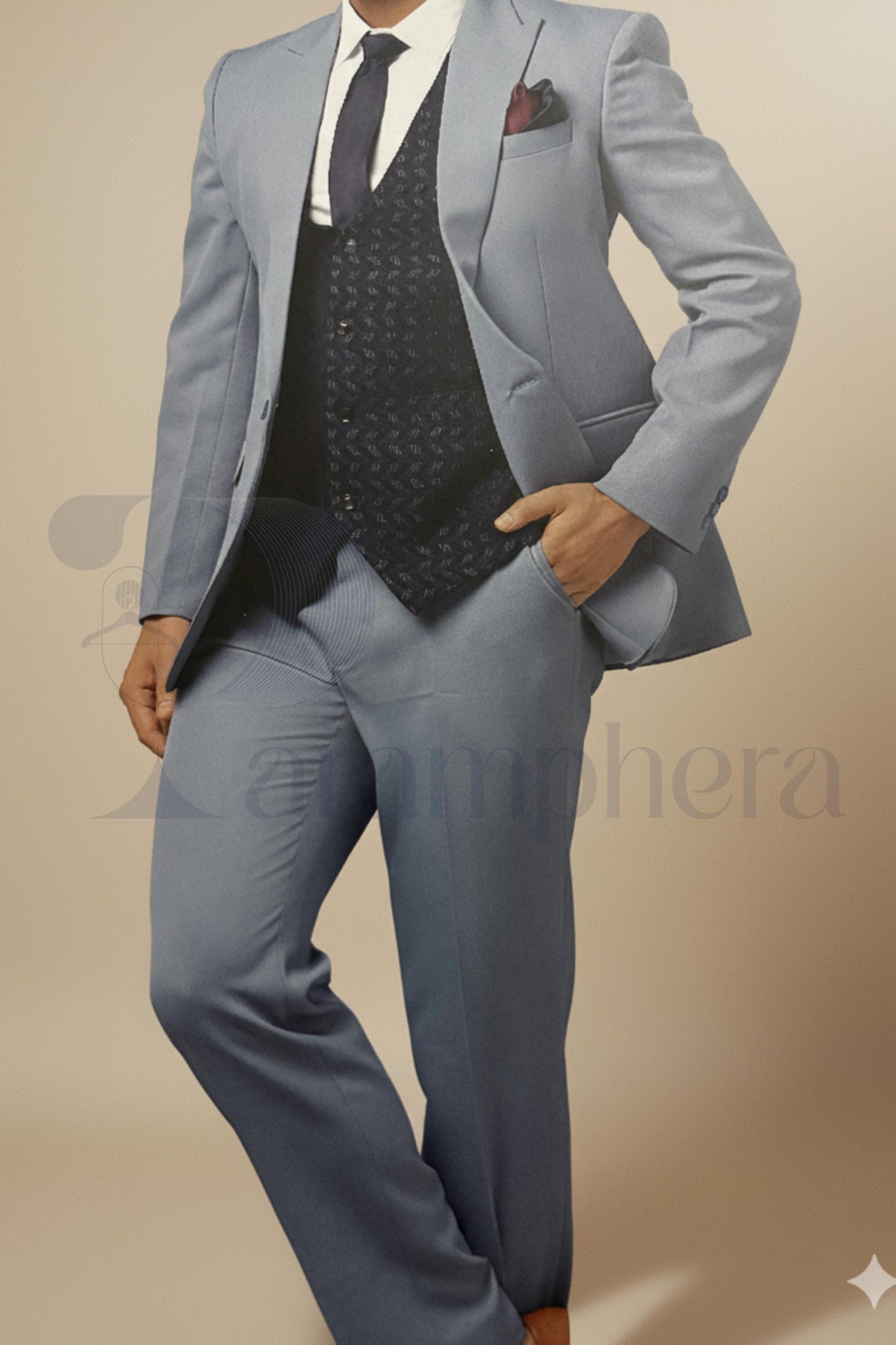 Powder Blue Indo-Western Suit: Men's Formal 3-Piece Blazer Set