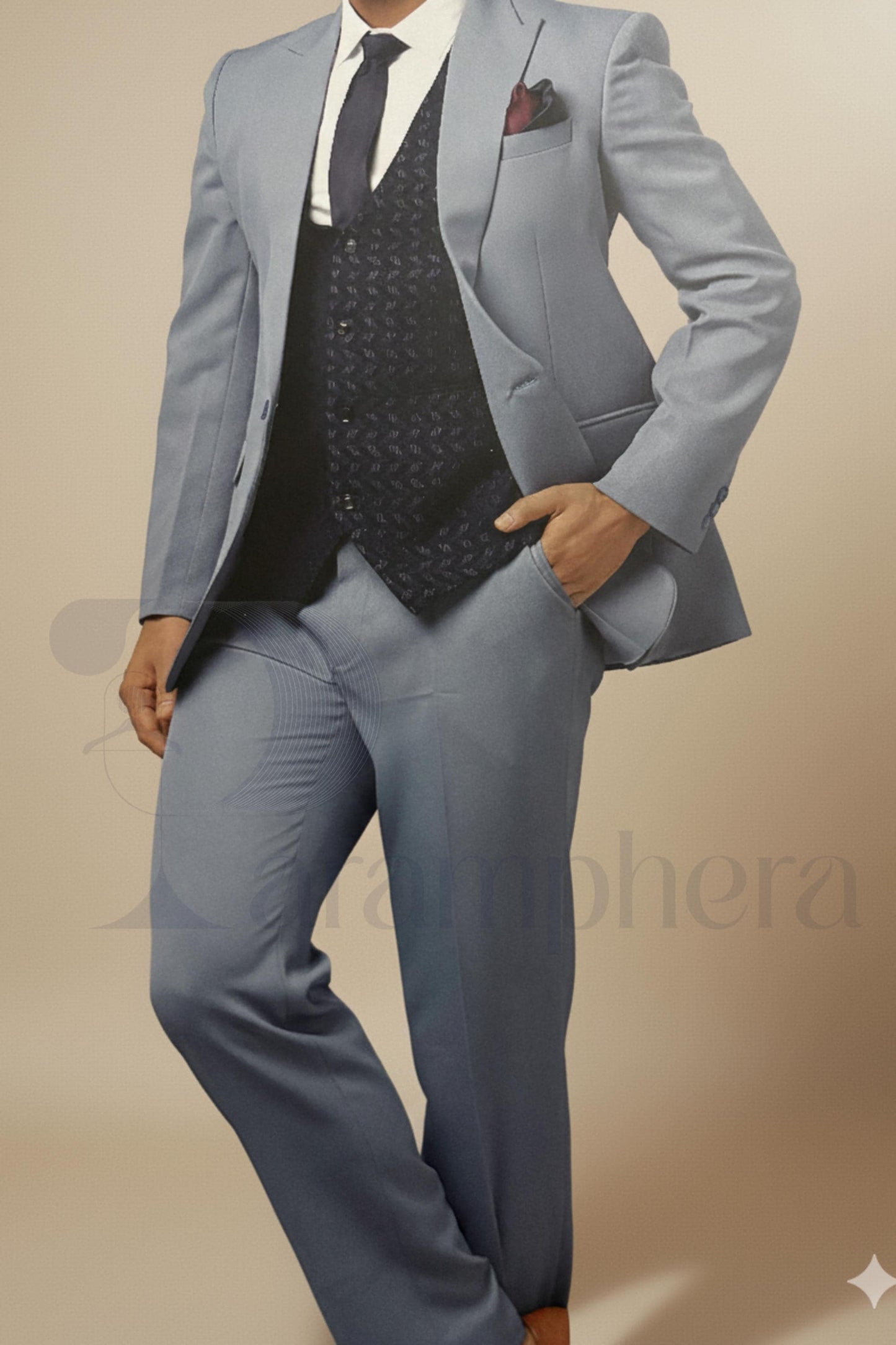 Powder Blue Indo-Western Suit: Men's Formal 3-Piece Blazer Set