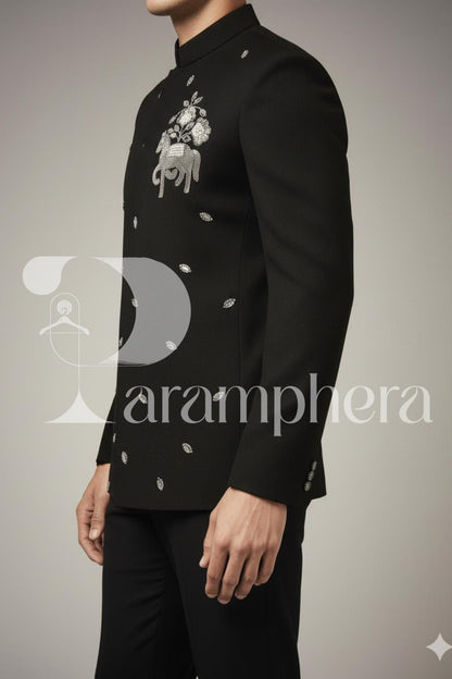 Men's Black Embroidered Bandhgala Jacket Set: Indian Wedding Outfit