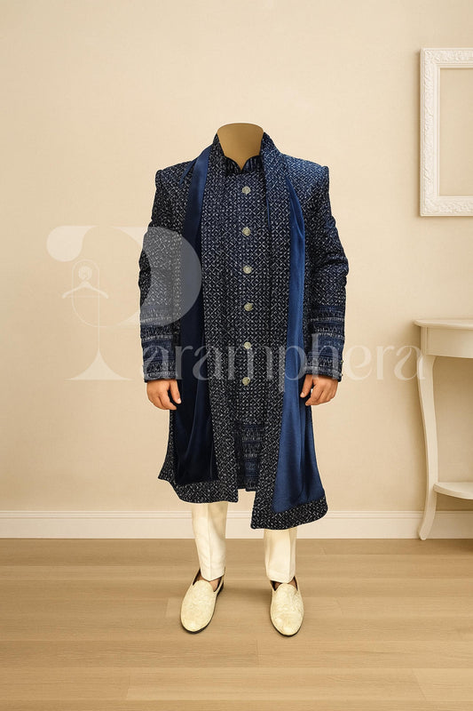 Navy Blue Velvet Embroidered Sherwani: Indian Wedding Outfit
