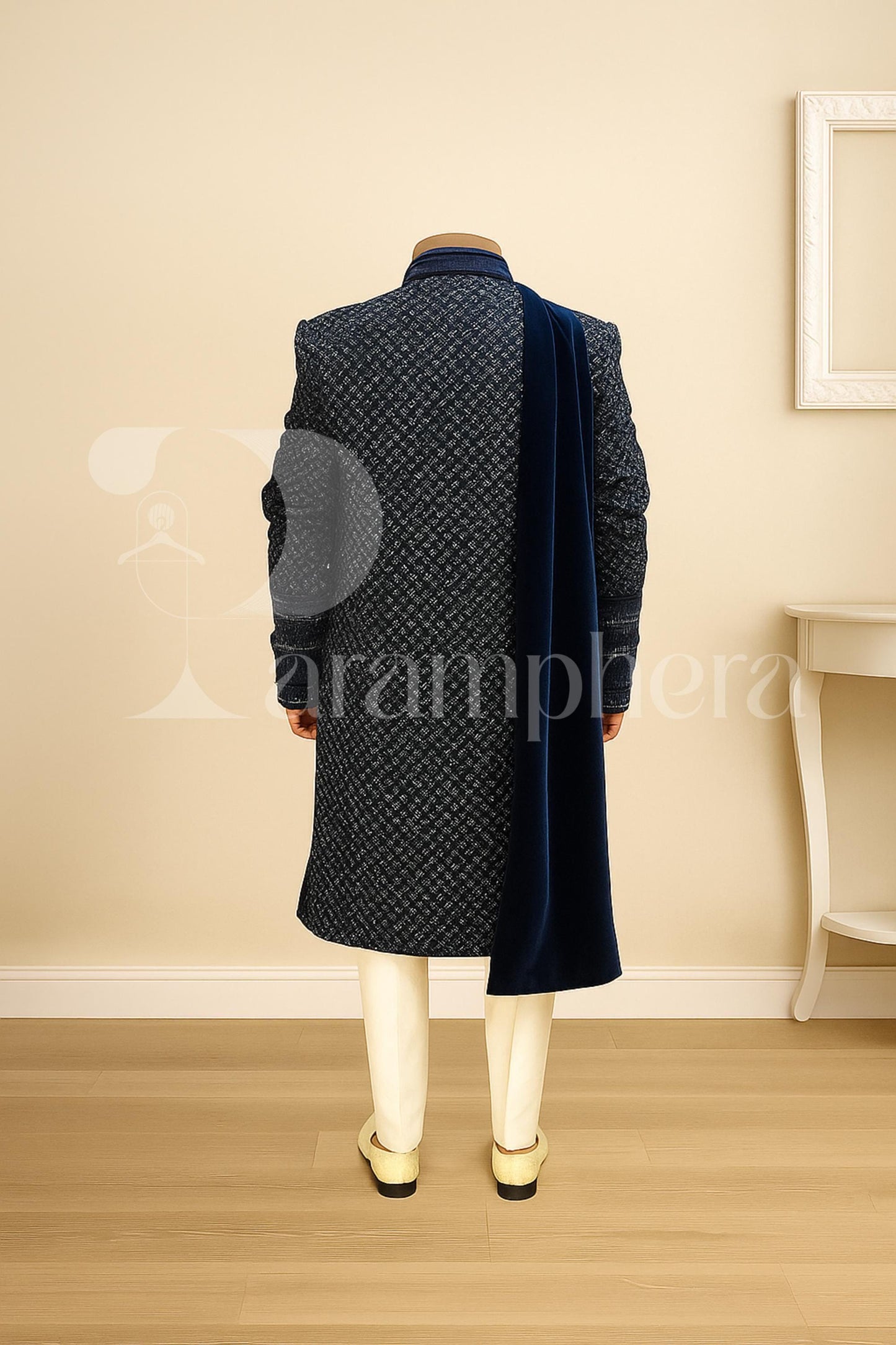 Navy Blue Velvet Embroidered Sherwani: Indian Wedding Outfit