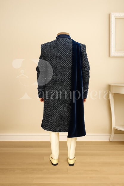 Navy Blue Velvet Embroidered Sherwani: Indian Wedding Outfit
