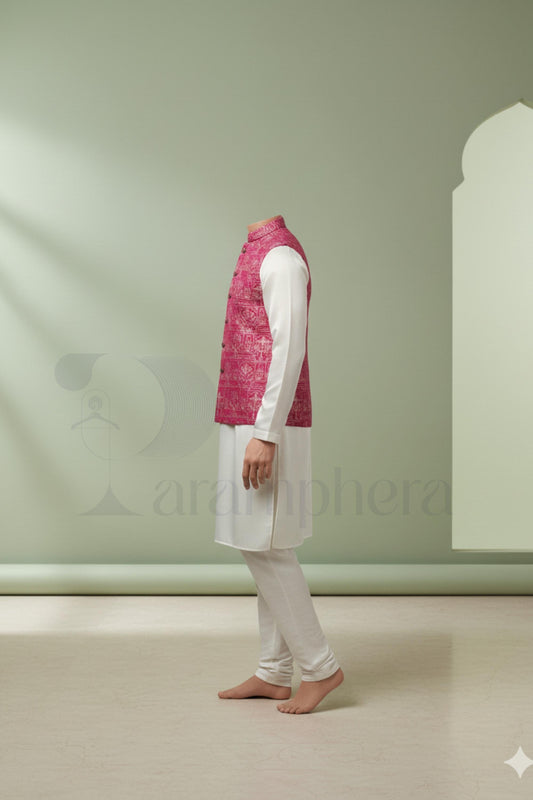 Pink Embroidered Nehru Waistcoat for Men | Indo Western Wedding Ethnic Vest