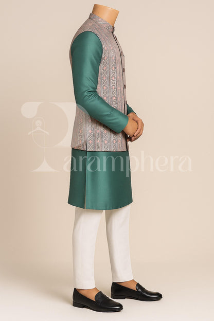 Mint Green Silk Kurta Pajama Set with Brocade Nehru Jacket: Indian Wedding Outfit