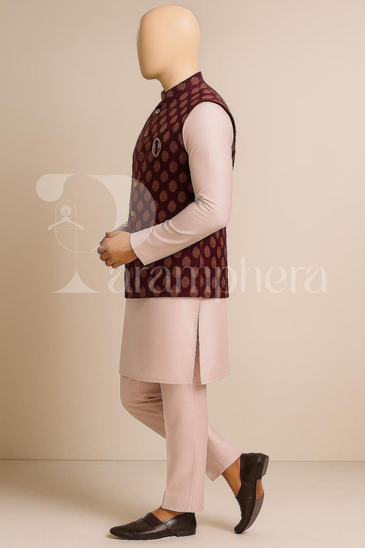 Mens Kurta Pajama Set: Maroon Nehru Jacket, Indian Wedding Outfit