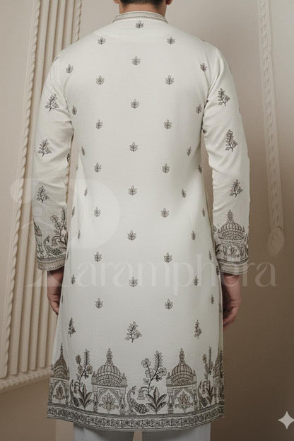 Ivory Embroidered Cotton Kurta: Palace Floral Design, Ethnic Menswear