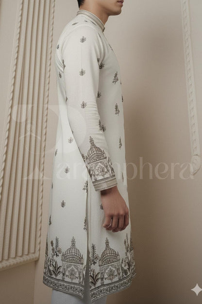 Ivory Embroidered Cotton Kurta: Palace Floral Design, Ethnic Menswear