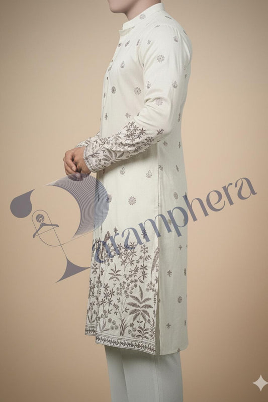 Handmade Ivory White Embroidered Kurta Pajama Set | Indian Wedding Outfit