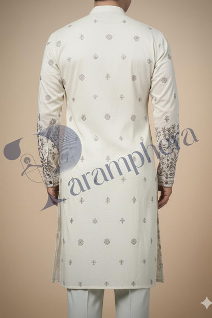 Handmade Ivory White Embroidered Kurta Pajama Set | Indian Wedding Outfit