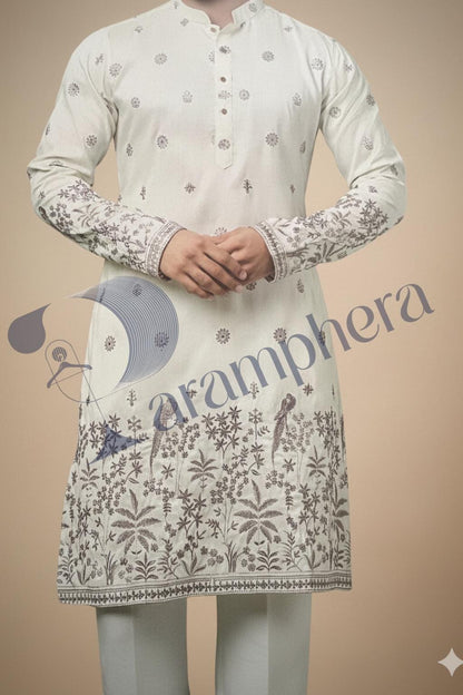 Handmade Ivory White Embroidered Kurta Pajama Set | Indian Wedding Outfit