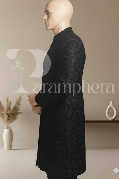 Black Sequined Sherwani: Custom Indian Wedding Outfit