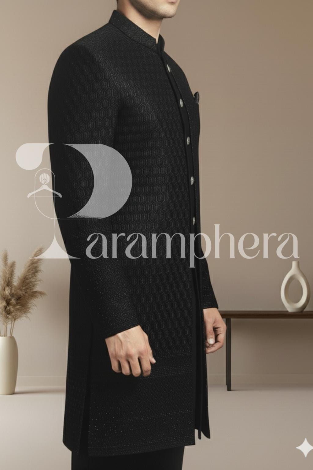 Black Sequined Sherwani: Custom Indian Wedding Outfit