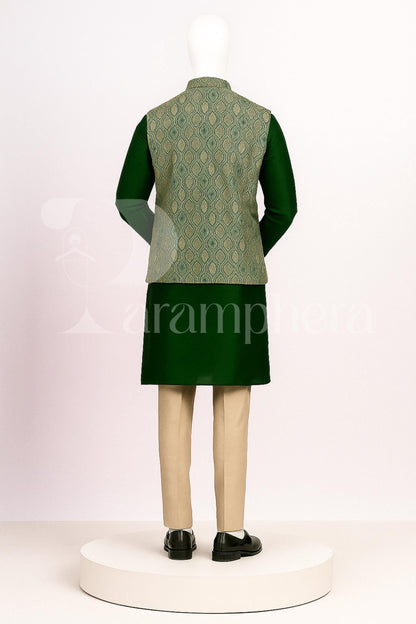 Handmade Green Kurta Pant Set with Brocade Nehru Jacket | Indian Wedding Outfit