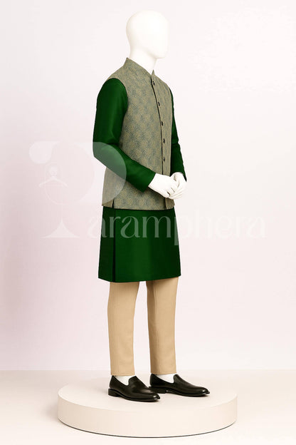 Handmade Green Kurta Pant Set with Brocade Nehru Jacket | Indian Wedding Outfit