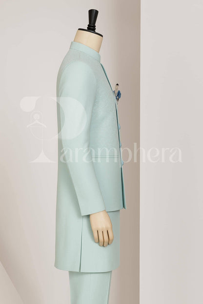 Sky Blue Kurta Pajama Set with Embroidered Nehru Jacket: Indian Wedding Outfit