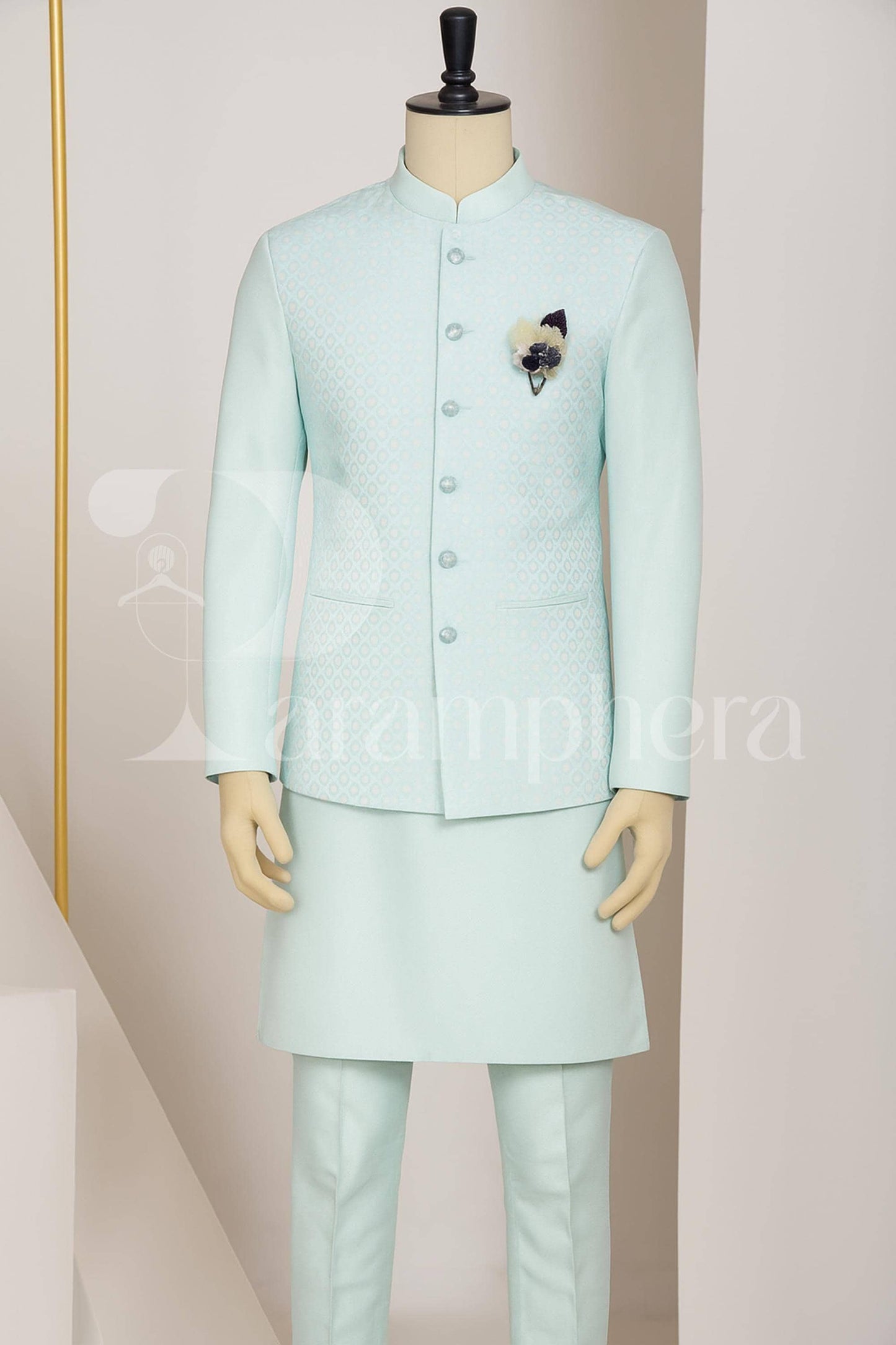 Sky Blue Kurta Pajama Set with Embroidered Nehru Jacket: Indian Wedding Outfit