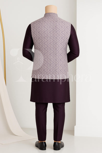 Handmade Purple Kurta Pajama Set | Zigzag Print Nehru Jacket