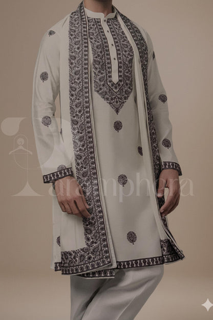 Ivory Embroidered Kurta Set: Elegant Mens Wedding Outfit