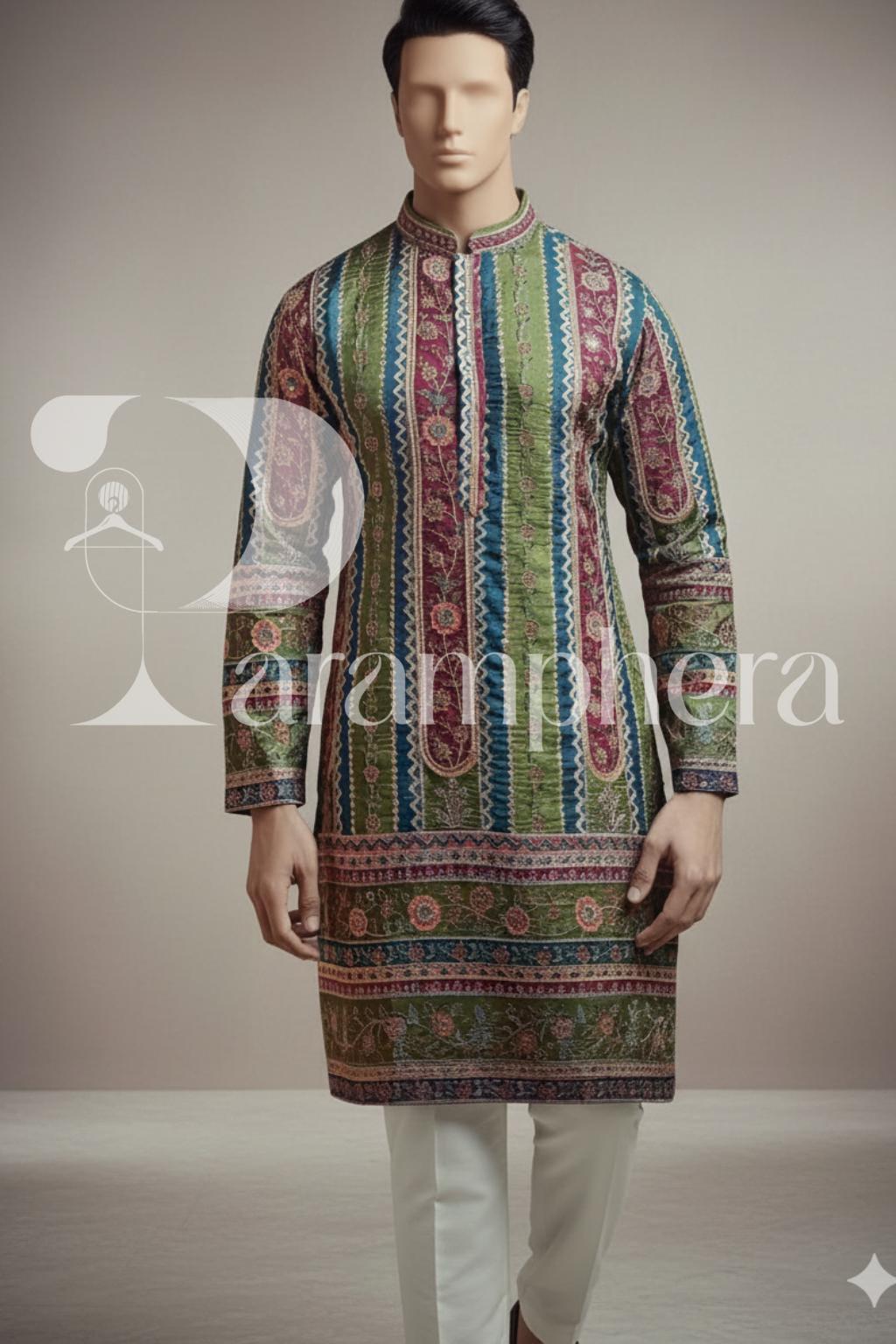 Hand-Embroidered Silk Blend Kurta Pajama Set: Indian Wedding Outfit