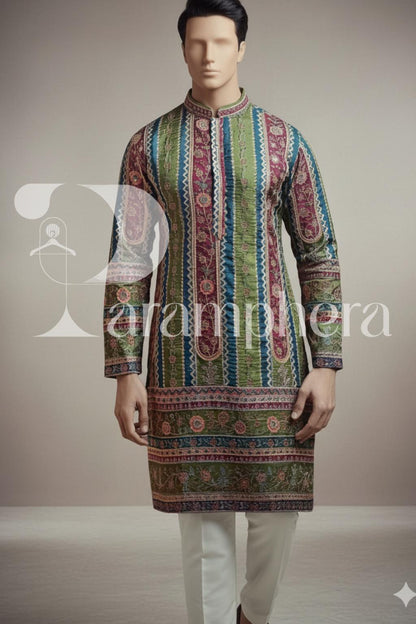 Hand-Embroidered Silk Blend Kurta Pajama Set: Indian Wedding Outfit
