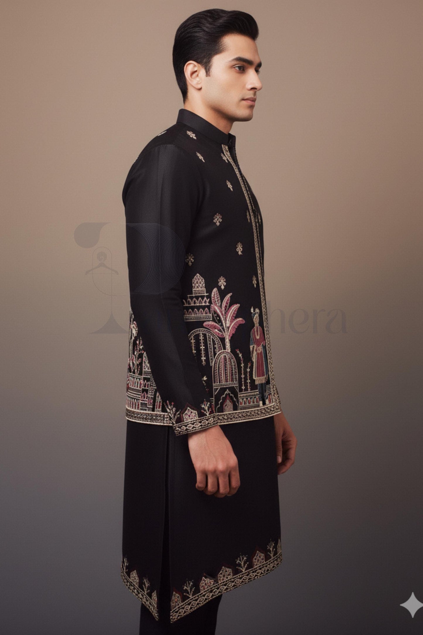 Black Kurta Pajama with Embroidered Nehru Jacket | Indian Wedding Outfit